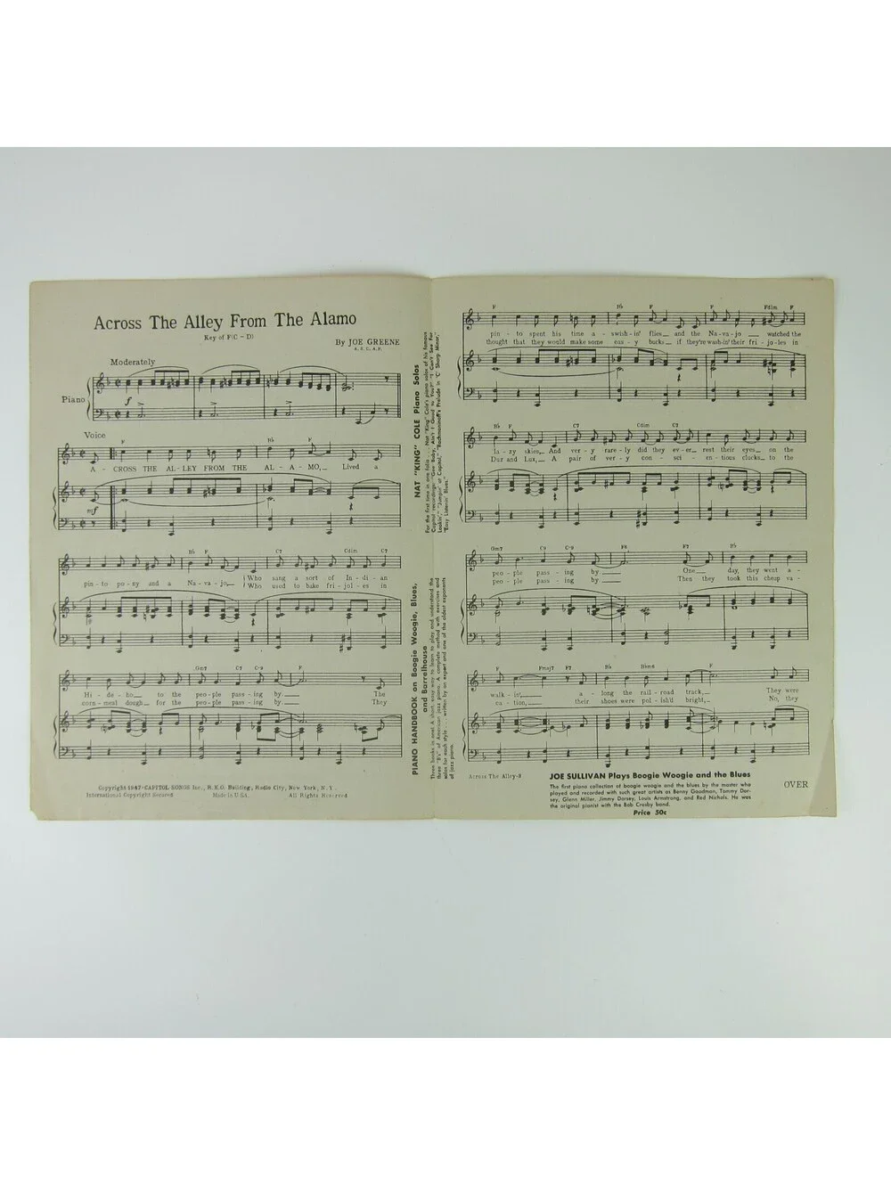 Sheet Music Across The Alley From The Alamo The Mills Bros Joe Greene 1947
